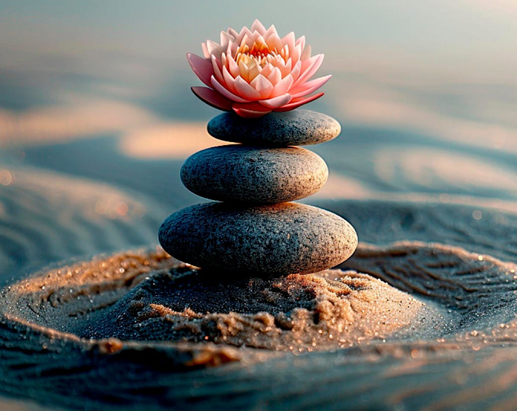 pile of smooth rocks on sand with a flower on top