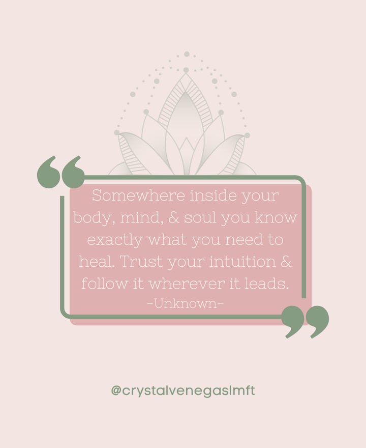 Quote graphic with a lotus flower and the text: “Trust your intuition & follow it wherever it leads. – Unknown” with the handle @crystalvenegaslmft.