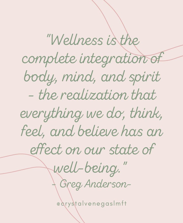 Quote graphic with a soft pink background and abstract line art in red. The quote reads: "Wellness is the complete integration of body, mind, and spirit – the realization that everything we do, think, feel, and believe has an effect on our state of well-being." – Greg Anderson – @crystalvenegaslmft in green cursive and sans-serif fonts.