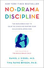 Book cover of No-Drama Discipline featuring colorful text, the subtitle about guiding children with connection instead of punishment, and an illustration of an adult and child sitting together inside a blue circle.