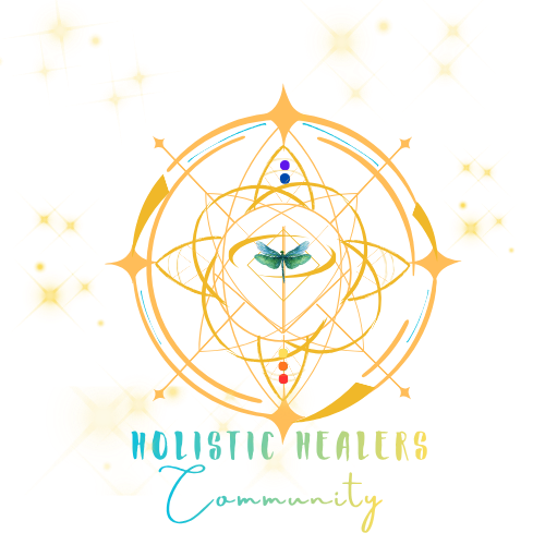 Holistic Healers Community Logo. Golden geometric pattern with chakra points and a dragonfly down the center. Various stars are surrounding the geometric pattern